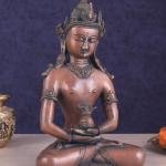 Pure Brass Meditating Buddha Statue - Antique Copper Finish, 13" Height